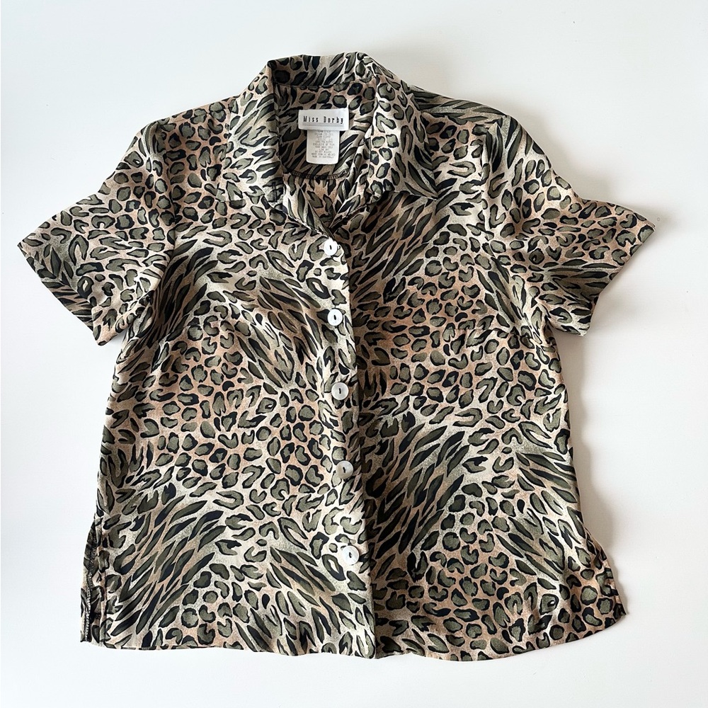 VTG 90s Miss Dorby Sheer Animal Print Button Down Mother of Pearl Buttons 10